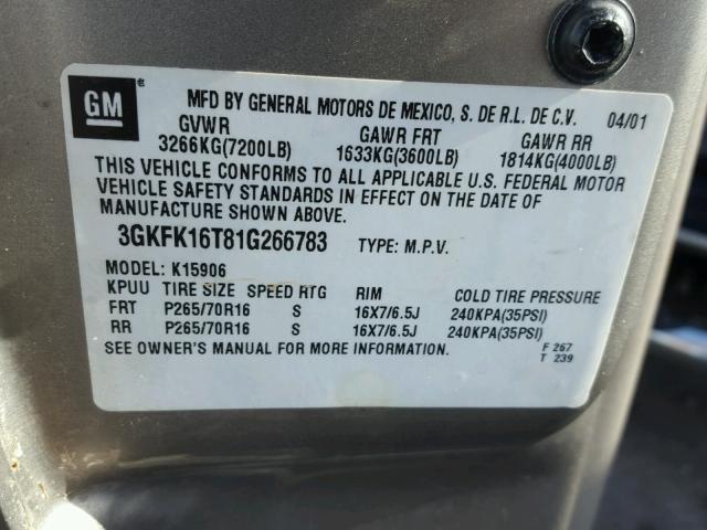 3GKFK16T81G266783 - 2001 GMC YUKON XL K TAN photo 10