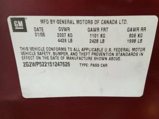 2G2WP522151247626 - 2005 PONTIAC GRAND PRIX RED photo 10