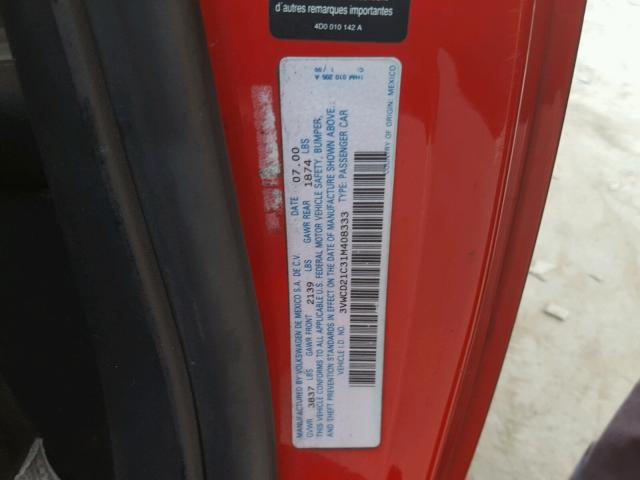 3VWCD21C31M408333 - 2001 VOLKSWAGEN NEW BEETLE 红色 照片 10