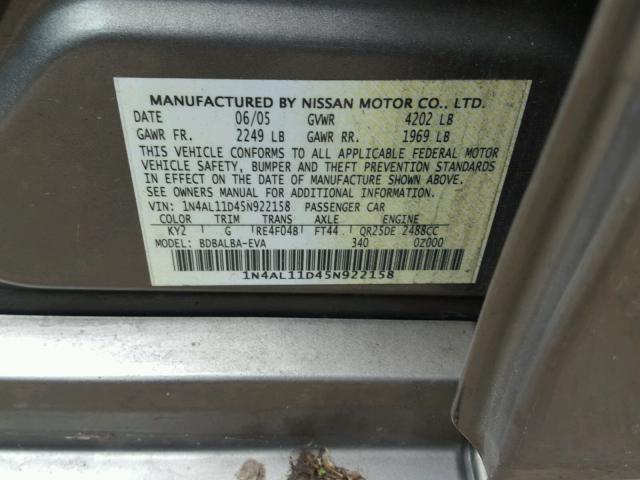 1N4AL11D45N922158 - 2005 NISSAN ALTIMA S TAN photo 10