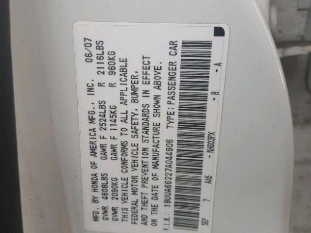 19UUA66227A044906 - 2007 ACURA TL WHITE photo 10