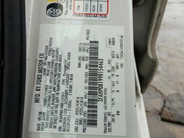 3FAHP08199R154463 - 2009 FORD FUSION SEL WHITE photo 10