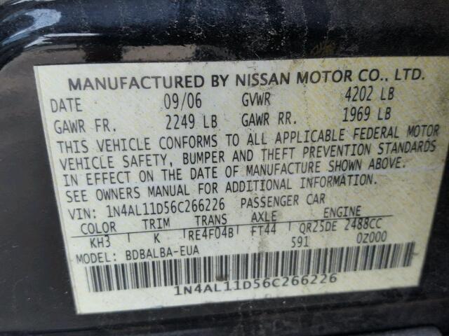 1N4AL11D56C266226 - 2006 NISSAN ALTIMA S BLACK photo 10