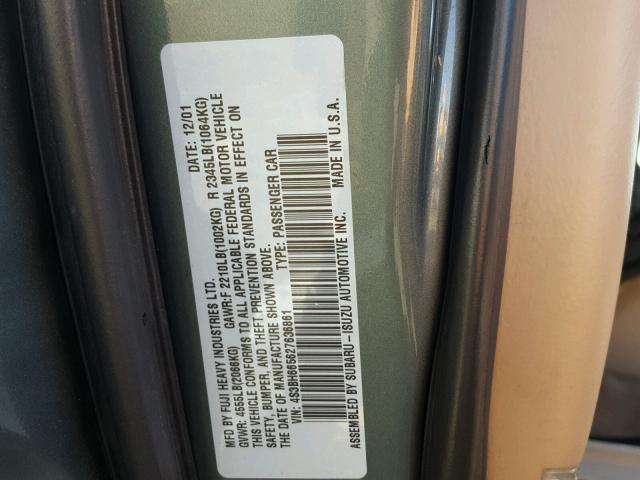 4S3BH665627636861 - 2002 SUBARU LEGACY OUT GREEN photo 10