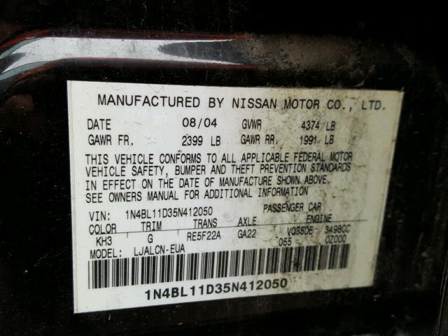 1N4BL11D35N412050 - 2005 NISSAN ALTIMA SE BLACK photo 10