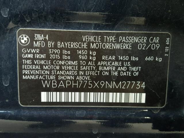 WBAPH775X9NM27734 - 2009 BMW 328 I BLUE photo 10