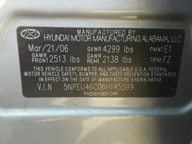 5NPEU46C06H145599 - 2006 HYUNDAI SONATA GLS GRAY photo 10