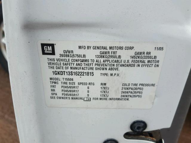 1GKDT13S162221815 - 2006 GMC ENVOY თეთრი ფოტო 10