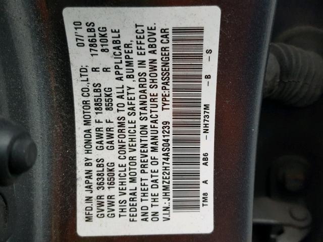 JHMZE2H74AS041239 - 2010 HONDA INSIGHT GRAY photo 10