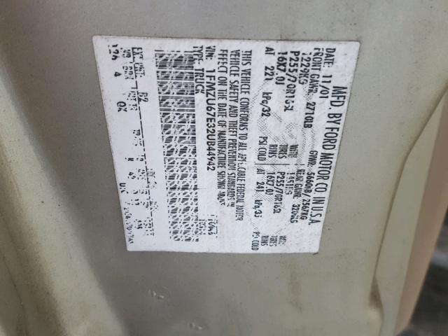 1FMZU67E32UB44942 - 2002 FORD EXPLORER S GOLD photo 10