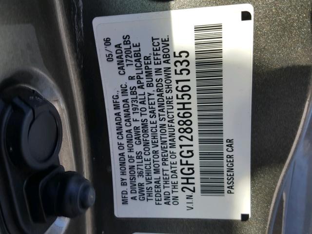 2HGFG12886H561535 - 2006 HONDA CIVIC EX Boz foto 10