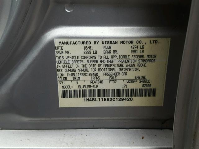 1N4BL11E82C129420 - 2002 NISSAN ALTIMA SE SILVER photo 10