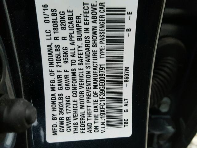19XFC1F39GE009791 - 2016 HONDA CIVIC EX ლურჯი ფოტო 10