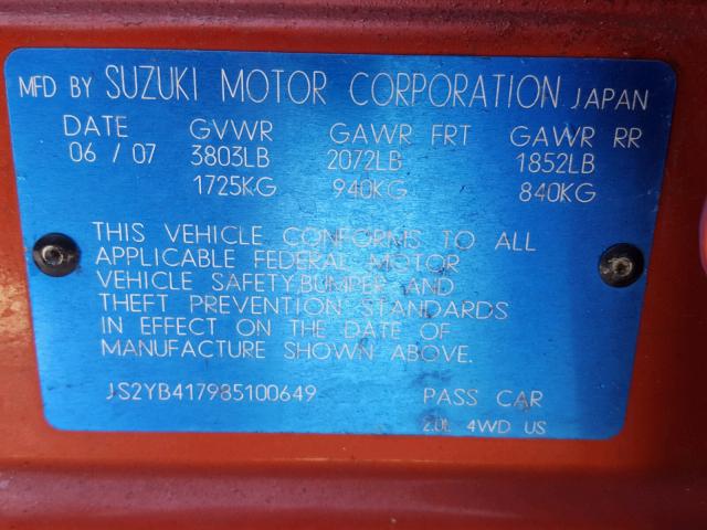 JS2YB417985100649 - 2008 SUZUKI SX4 TOURIN ORANGE photo 10