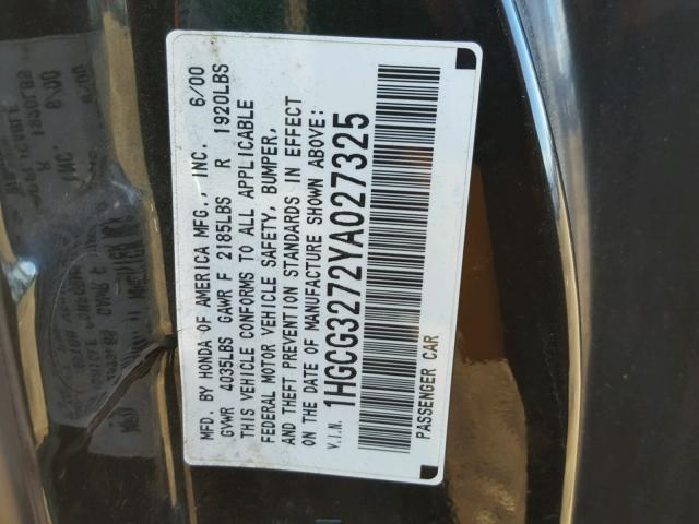 1HGCG3272YA027325 - 2000 HONDA ACCORD EX GREEN photo 10