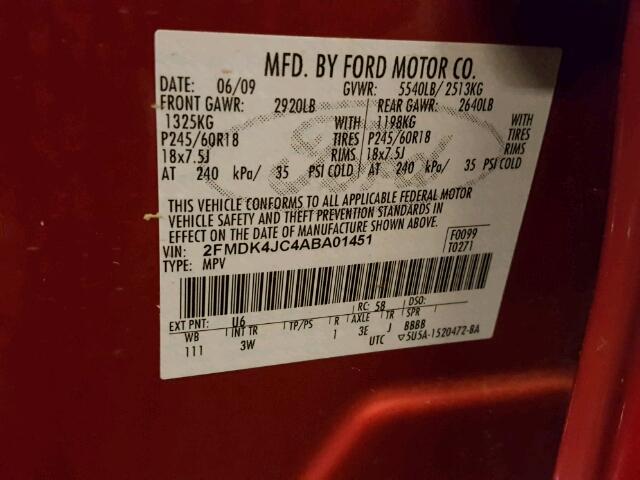 2FMDK4JC4ABA01451 - 2010 FORD EDGE SEL RED photo 10