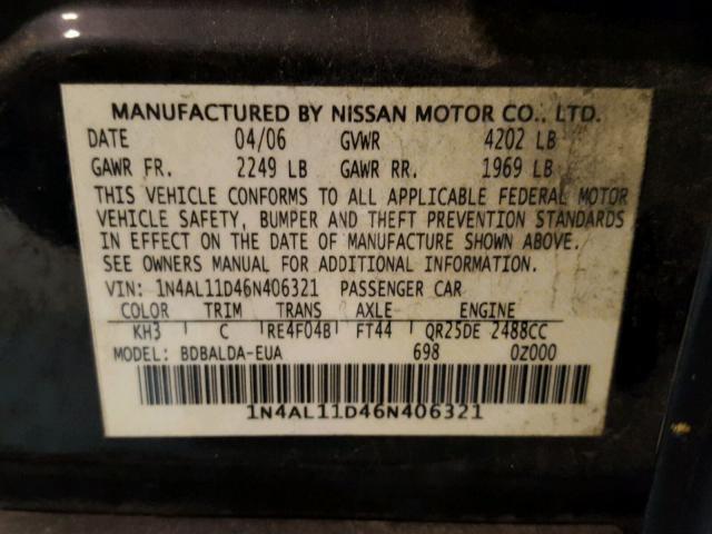 1N4AL11D46N406321 - 2006 NISSAN ALTIMA S BLACK photo 10