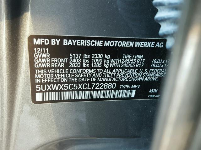 5UXWX5C5XCL722880 - 2012 BMW X3 XDRIVE2 GRAY photo 10