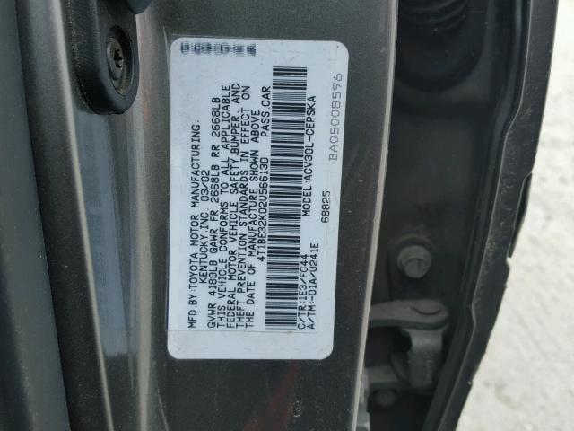 4T1BE32K02U566130 - 2002 TOYOTA CAMRY LE GRAY photo 10