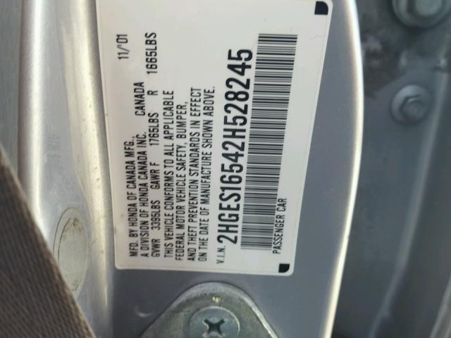 2HGES16542H528245 - 2002 HONDA CIVIC LX SILVER photo 10