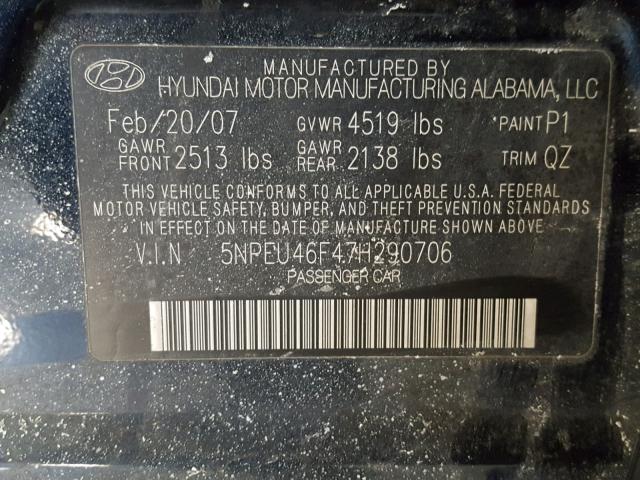 5NPEU46F47H290706 - 2007 HYUNDAI SONATA SE BLACK photo 10