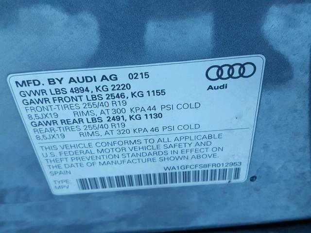 WA1GFCFS8FR012953 - 2015 AUDI Q3 PRESTIG GRAY photo 10