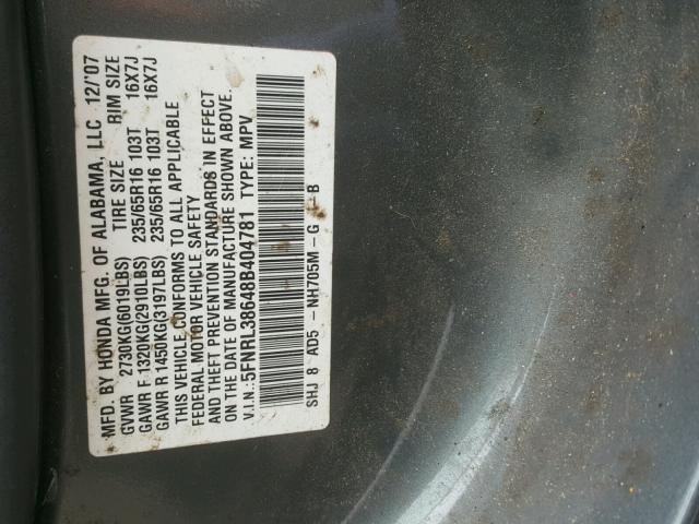 5FNRL38648B404781 - 2008 HONDA ODYSSEY EX GRAY photo 10