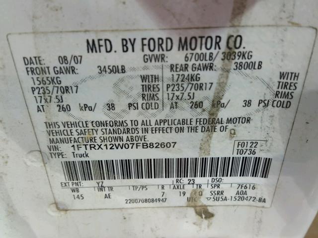 1FTRX12W07FB82607 - 2007 FORD F150 WHITE photo 10