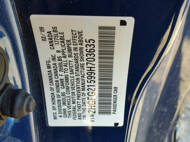 2HGFG21599H703635 - 2009 HONDA CIVIC SI BLUE photo 10