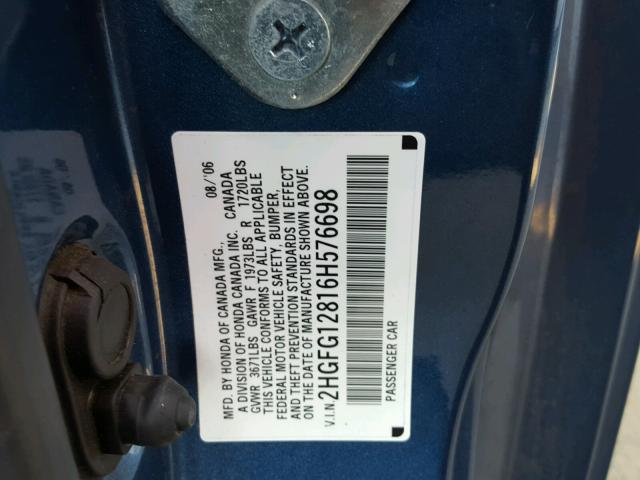 2HGFG12816H576698 - 2006 HONDA CIVIC EX ლურჯი ფოტო 10