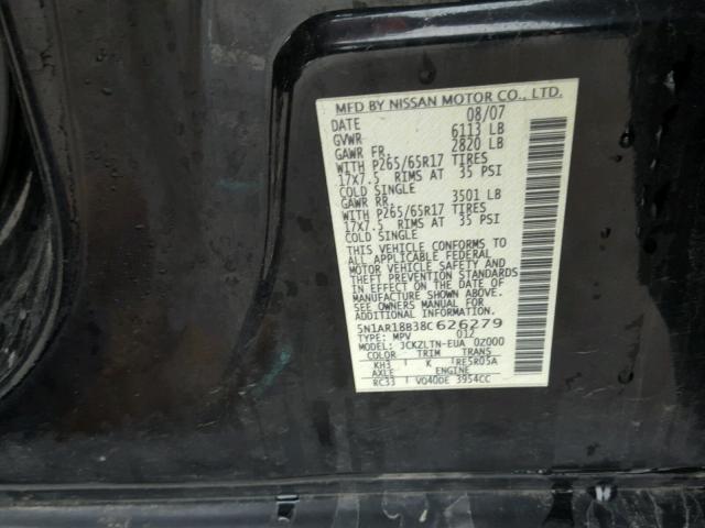 5N1AR18B38C626279 - 2008 NISSAN PATHFINDER BLACK photo 10