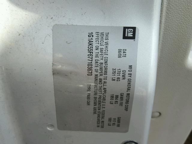 1G1AK55F677103670 - 2007 CHEVROLET COBALT LS SILVER photo 10