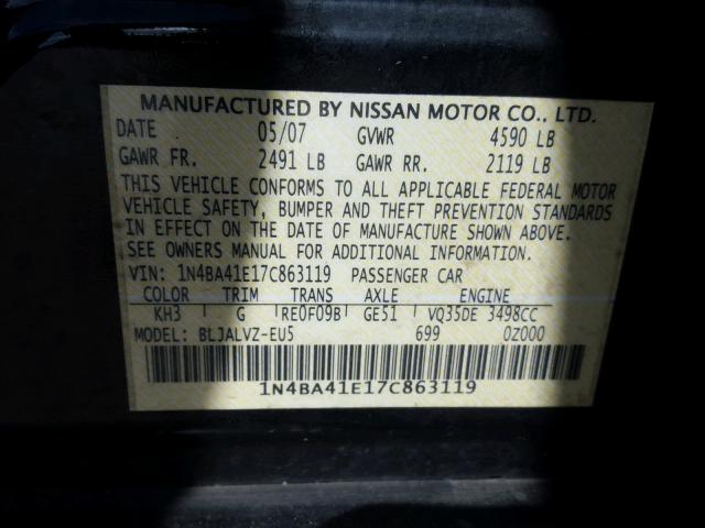 1N4BA41E17C863119 - 2007 NISSAN MAXIMA SE BLACK photo 10