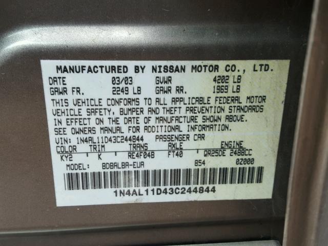 1N4AL11D43C244844 - 2003 NISSAN ALTIMA BAS GRAY photo 10