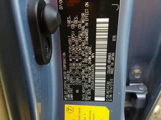 JTEDS41A582064105 - 2008 TOYOTA HIGHLANDER BLUE photo 10