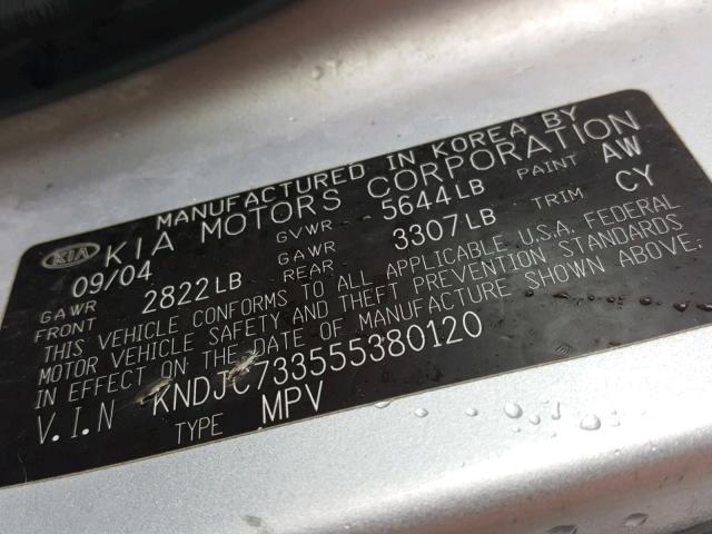 KNDJC733555380120 - 2005 KIA SORENTO EX SILVER photo 10