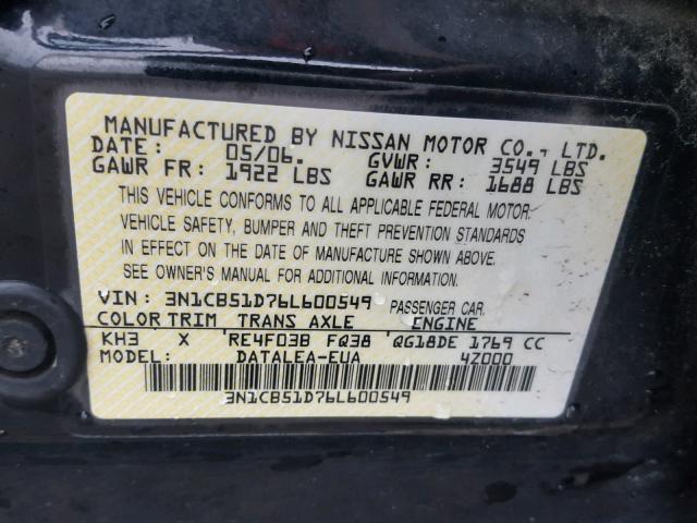 3N1CB51D76L600549 - 2006 NISSAN SENTRA 1.8 BLACK photo 10