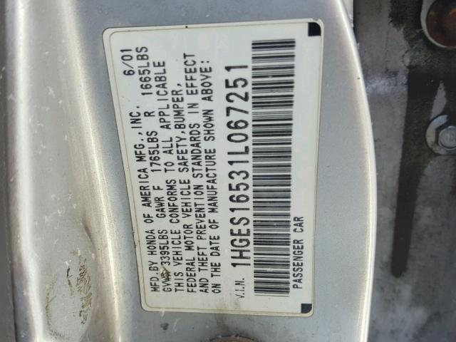 1HGES16531L067251 - 2001 HONDA CIVIC LX SILVER photo 10