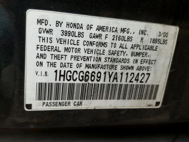 1HGCG6691YA112427 - 2000 HONDA ACCORD SE GREEN photo 10