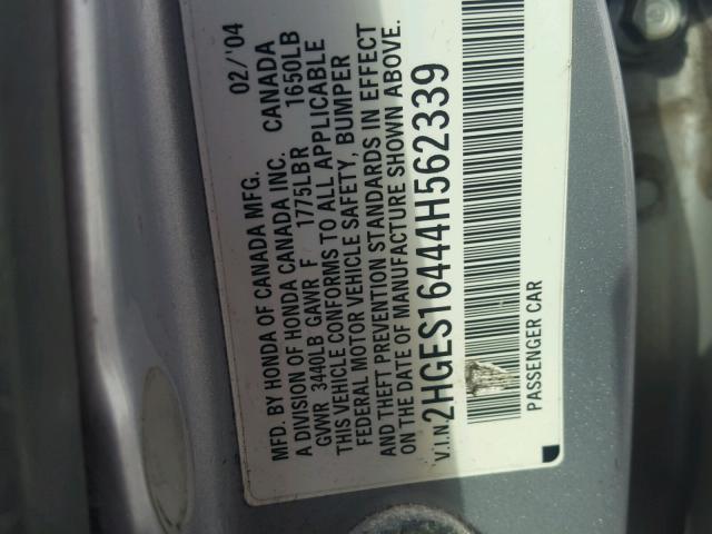 2HGES16444H562339 - 2004 HONDA CIVIC DX SILVER photo 10