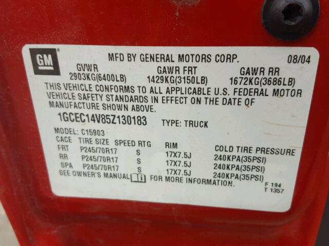 1GCEC14V85Z130183 - 2005 CHEVROLET SILVERADO RED photo 10