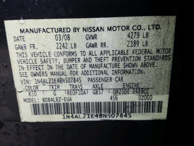 1N4AL21E48N507845 - 2008 NISSAN ALTIMA 2.5 BLUE photo 10