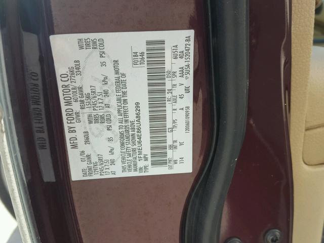 1FMEU64E86UA86299 - 2006 FORD EXPLORER E BURGUNDY photo 10