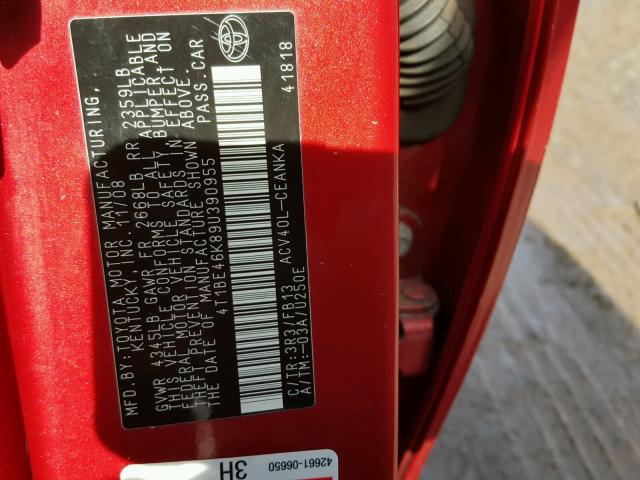 4T1BE46K89U390955 - 2009 TOYOTA CAMRY BASE RED photo 10