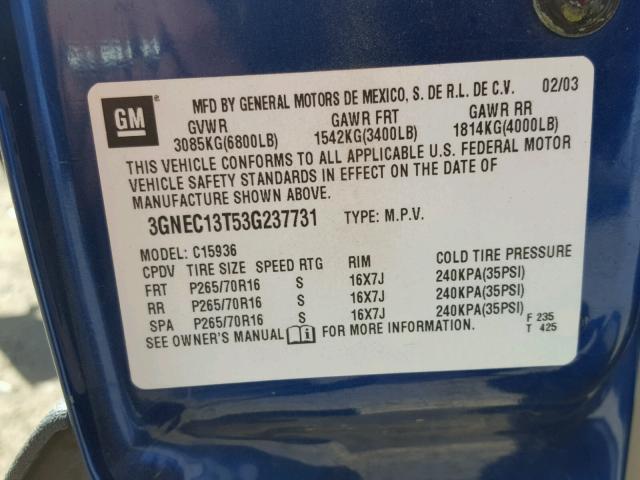 3GNEC13T53G237731 - 2003 CHEVROLET AVALANCHE BLUE photo 10