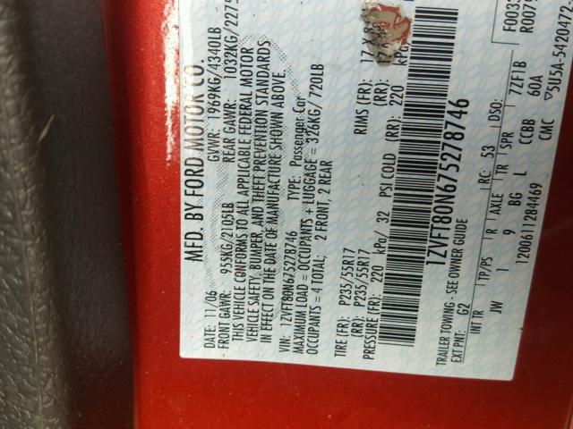 1ZVFT80N675278746 - 2007 FORD MUSTANG RED photo 10