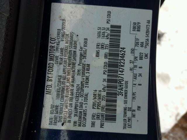 3FAHP07147R234624 - 2007 FORD FUSION SE BLUE photo 10