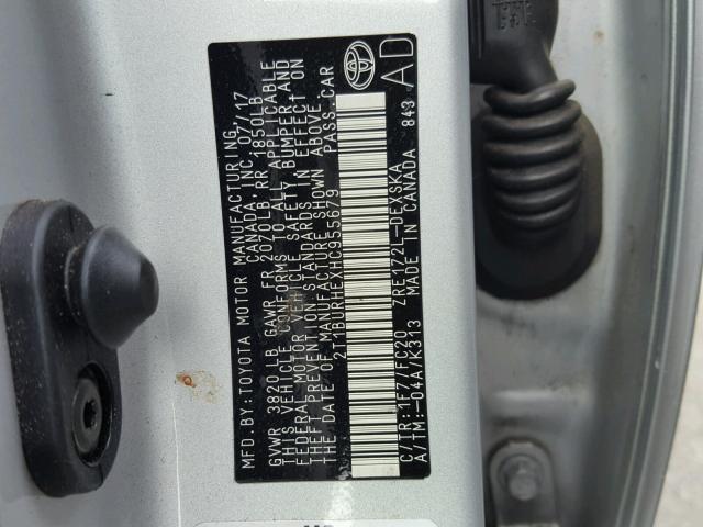 2T1BURHEXHC955679 - 2017 TOYOTA COROLLA L SILVER photo 10