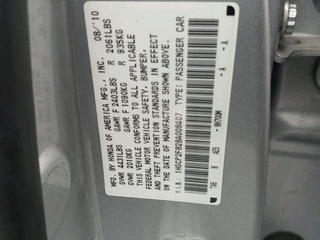 1HGCP2F82BA008407 - 2011 HONDA ACCORD EXL SILVER photo 10