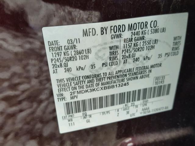 2FMDK3KCXBBB13245 - 2011 FORD EDGE LIMIT MAROON photo 10